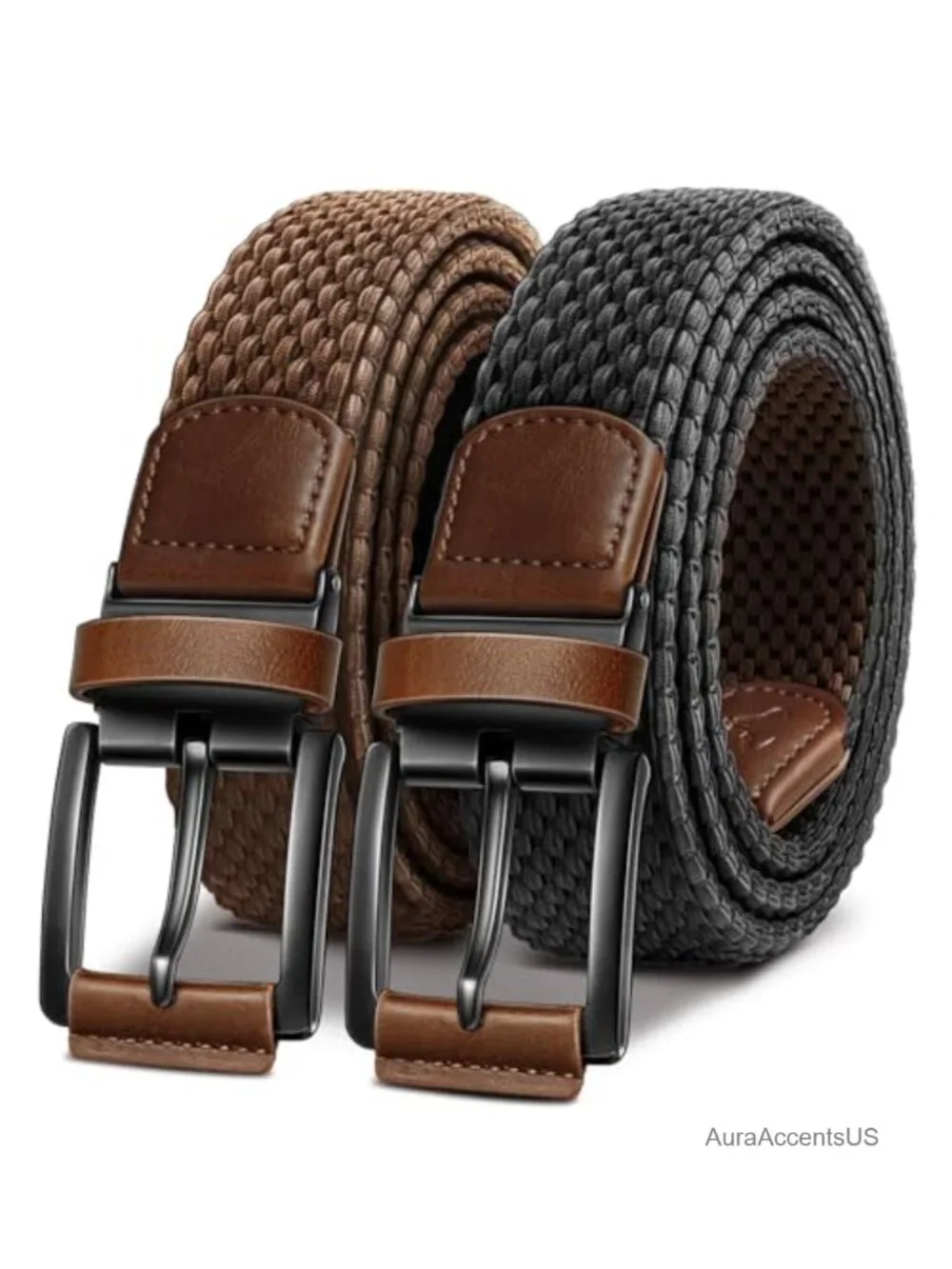 Men's Reversible Stretch Braided Woven Web Belt 1 3/8-Inch, Holeless Adjustable